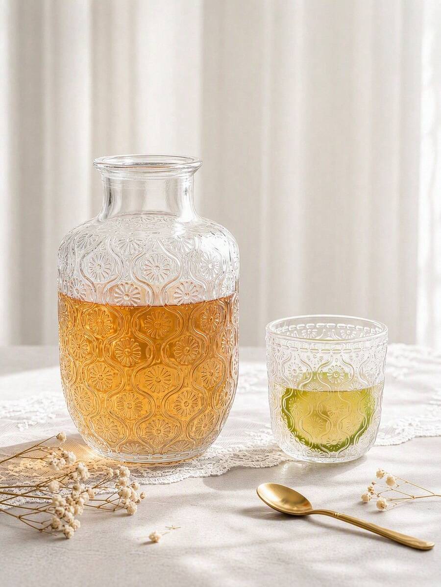 Haus Hana 1Set Embossed Glass Pitcher And Cup Set, Clear Glass With Vintage Diamond Pattern, Holds Water, Juice And Spirits, Multi-Use Drink Serving Kit, For Home Bar, Dining Table & Daily Use, Holiday Gift & Tabletop Decor Supply - View 1