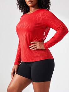 SHEIN Core Rhythm Plus Size Women One-Piece Solid Red Long Sleeve Sports T-Shirt & Tank Top Fall - Red - View 5