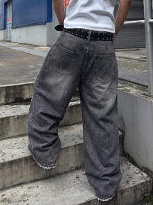 GALLERY FADE Men's Gothic Red Rose Embroidery Distressed Wide Leg Jeans, Y2K Punk Vintage Denim Pants - Light Grey - View 2