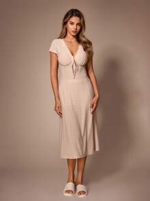 Lazeform Women's Lace Patchwork V-Neck Tie Front Fitted Knit Jacquard Texture Nightgown - Apricot - View 6