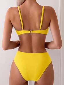 Swim Basics Women Solid Color Spaghetti Strap Bikini Top And Bottom Bikini Set Summer - Yellow - View 3