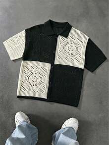 Manfinity LEGND Men's Plus Size Single-Breasted Hollow-Out Contrast Color Knit Top - Black and White - View 3