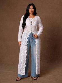 Rustia Plus Size Women's Long Sleeve Long Split Hem Slim Fit Lace Top For Early Autumn - White - View 6