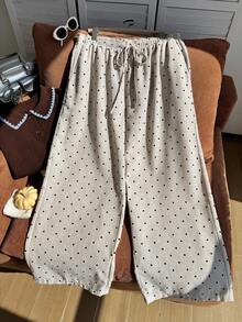Comfortcana Plus Size Women's Polka Dot Pattern Waist Tie Casual Long Pants - Apricot - View 7