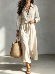 SHEIN Women's Solid Color Waist Knot Casual Party Dress - Apricot - View 5