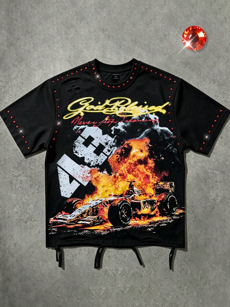ROMWE MEN Street Life 男士休閒時尚重磅水鑽裝飾短袖圓領上衣 - 黑色 - 查看 1