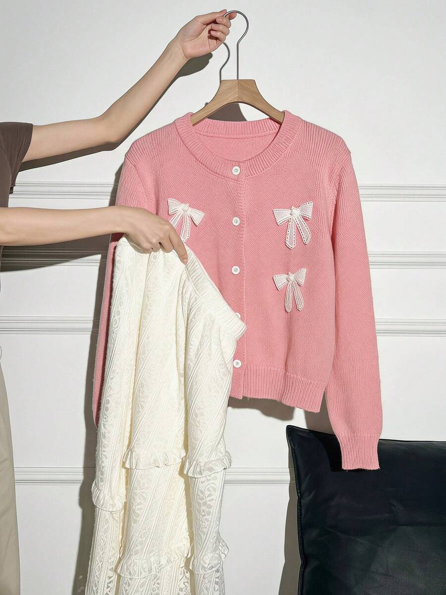 SHEIN 青少年女孩圓領蝴蝶結裝飾休閒日常開襟衫 - 藕粉色 - 查看 1