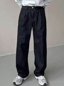 DAZY Spring/Autumn Navy Blue Slim Fit Straight Leg Men's Denim Jeans With Half Elastic Waist - Navy Blue - View 1
