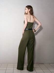 MOTF PREMIUM WOMEN'S PU PATCHWORK BANDEAU JUMPSUIT, AUTUMN/WINTER - Army Green - View 8