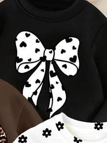 (3 conjuntos) Sudadera básica de cuello redondo con estampado de leopardo, lunares, lazo y patrón floral negro, estilo minimalista y fresco para niñas, con leggings, otoño e invierno - Multicolor - Ver 5
