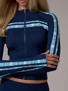 Musera Sport Checkered Contrast Colour Blocked Zip Through High Neck Fitted BBL Style Cinched Coord Jacket Gym Pilates Daily Running - Navy Blue - View 3