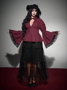 Whyspr Gothic Style Halloween Fashion Flared Sleeve Dark Red Color Block Sexy Fitted Plus Size Women's Blouse - Red Violet - View 3