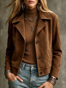 SHEIN Autumn/Winter Shades Of Brown Matte Suede Texture Notch Lapel Single-Breasted Loose Long Sleeve Casual Jacket, Minimalist Commuter Style Daily Wear - Coffee Brown - View 3