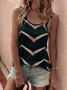 EMERY ROSE Women's Spring/Summer New Arrival Dot Asymmetrical Stripe Print Pattern U-Neck Casual Sexy Versatile Tank Top Vacation Black And Gold - Multicolor - View 8