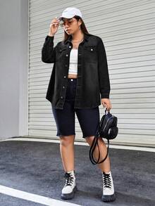 SHEIN EZwear 大尺碼女款單排扣休閒日常牛仔上衣 - 黑色 - 查看 4
