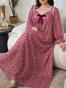 Lacomfia Women's Square Neck Long Sleeve Lace Bow Elegant Plus Size Dress - Multicolor - View 6