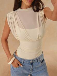 SHEIN BAE Deep Purple High Neck Ruffle Sleeveless Bodysuit, Sexy Chic Style - Apricot - View 4