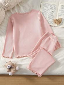 Girls Toddler Bear Print Pink Ribbed Long Sleeve Pants Pajama Set Pull Loungewear Autumn/Winter Festival Outfits - Baby Pink - View 2