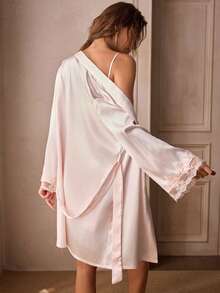 Charlaine Women Pajama Sets Berikat Kontras Lace Split Plain Anggun - Sampanye - View 3