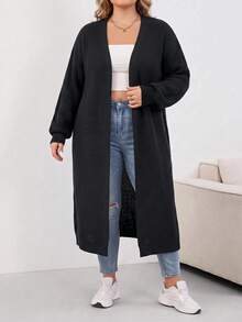 SHEIN CURVE+ Plus Size Dropped Shoulder Ribbed Knit Long Cardigan, Long Sleeve Top, Women's Plus Size Long Cardigan, Slim Fit, Autumn/Winter Essential - Black - View 5