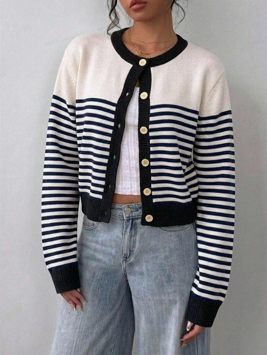 SHEIN BASICS 開學季條紋上衣休閒極簡開襟針織衫，適合秋冬外出穿著 - 黑色 - 查看 1