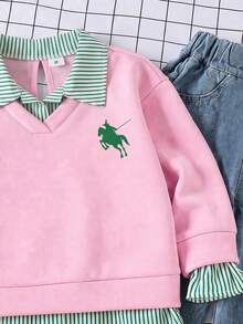 SHEIN Elladie kids 女童時尚簡約馬匹印花拼接撞色條紋印花翻領 2 合 1 設計長袖抓絨內裡衛衣上衣，柔軟面料，充滿活力與青春氣息，適合返校季、外出，秋冬穿著 - 彩色 - 查看 7