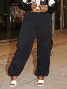 Steph T Flap Pocket Side Drawstring Waist Cargo Black Pants - Black - View 4