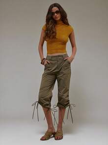 MUSERA Khaki Utility Ruched Leg Tie Capri Pant Summer Autumn Everyday Date Night Holiday Vacation Dazed - Olive Green - View 1