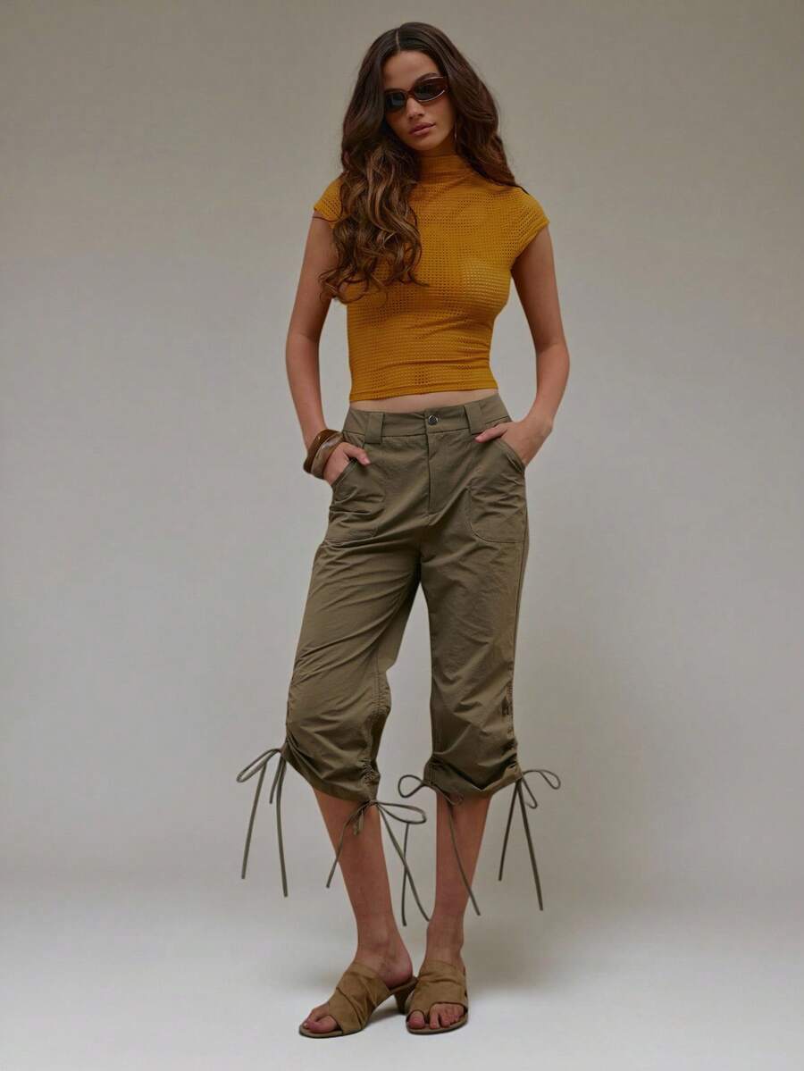 MUSERA Khaki Utility Ruched Leg Tie Capri Pant Summer Autumn Everyday Date Night Holiday Vacation Dazed - Olive Green - View 1