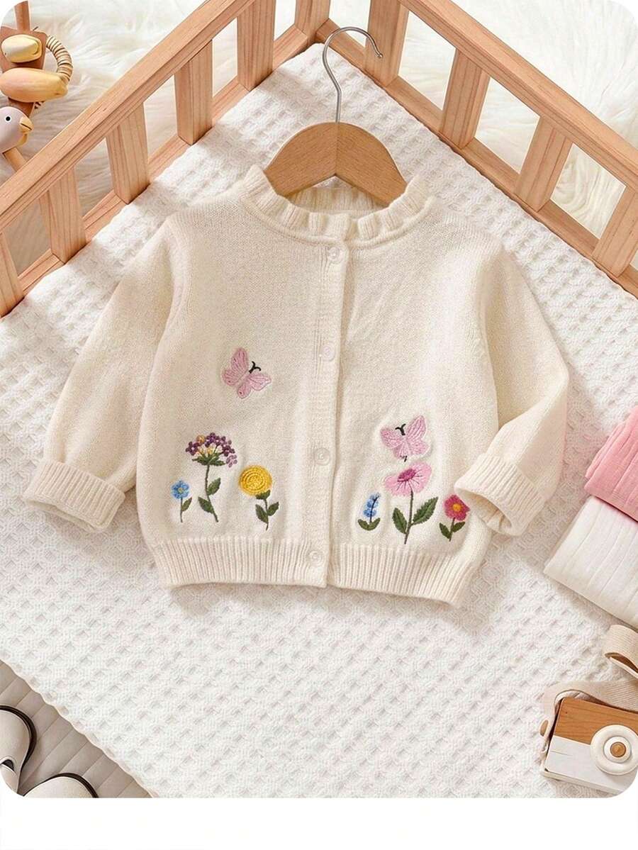女嬰花卉刺繡圖案單排扣休閒日常長袖開襟衫 - 杏色 - 查看 1