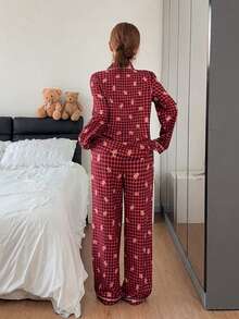 Napfluff Women's Bubble Crinkle Christmas Pattern Printed Long Sleeve Long Pants Plaid Pajama Set - black red - View 3