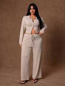 Rustia American Vintage Coffee Blue Ribbed Ribbed Knit Set, Loose Short Sleeve Cuffed Pants Casual Loungewear Fall - Khaki - View 4
