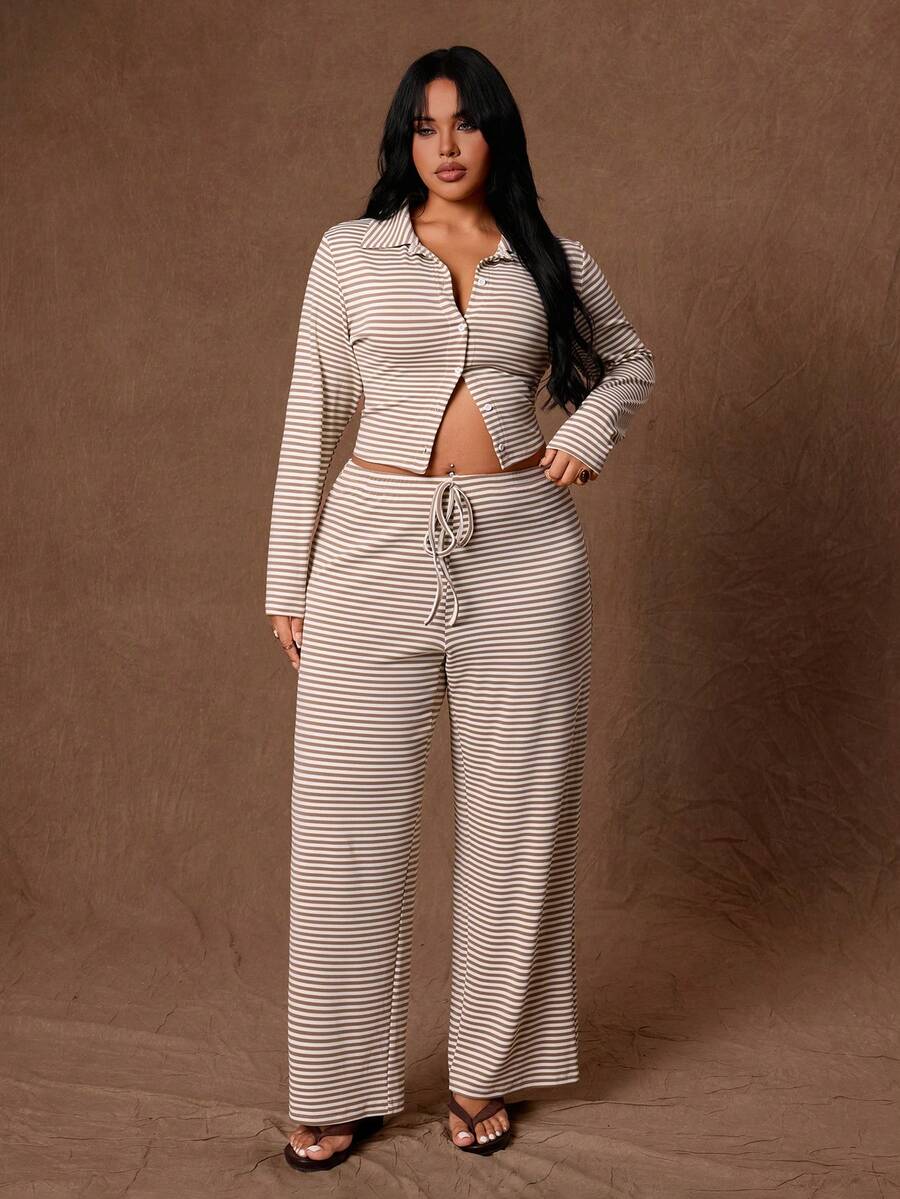 Rustia American Vintage Coffee Blue Ribbed Ribbed Knit Set, Loose Short Sleeve Cuffed Pants Casual Loungewear Fall - Khaki - View 1