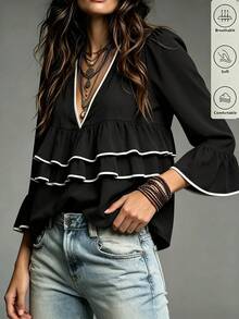 SHEIN Women's Piped Deep V-Neck Long Sleeve Multi-Layer Ruffle Fashion Blouse - Black - View 3