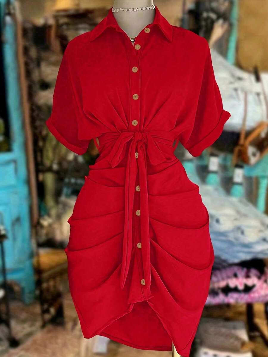 NostaNoir Vestido camisa de manga corta con cuello, abotonadura sencilla y cintura con lazo - Rojo - Ver 1
