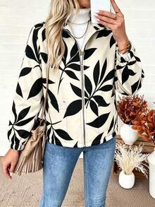 SHEIN Holidaya Women's Black White Abstract Leaf Print Lapel Collar Loose Casual 1920 Vintage Short Zip-Up Composite Fleece Long Sleeve Jacket Going Out Autumn - Multicolor - View 3