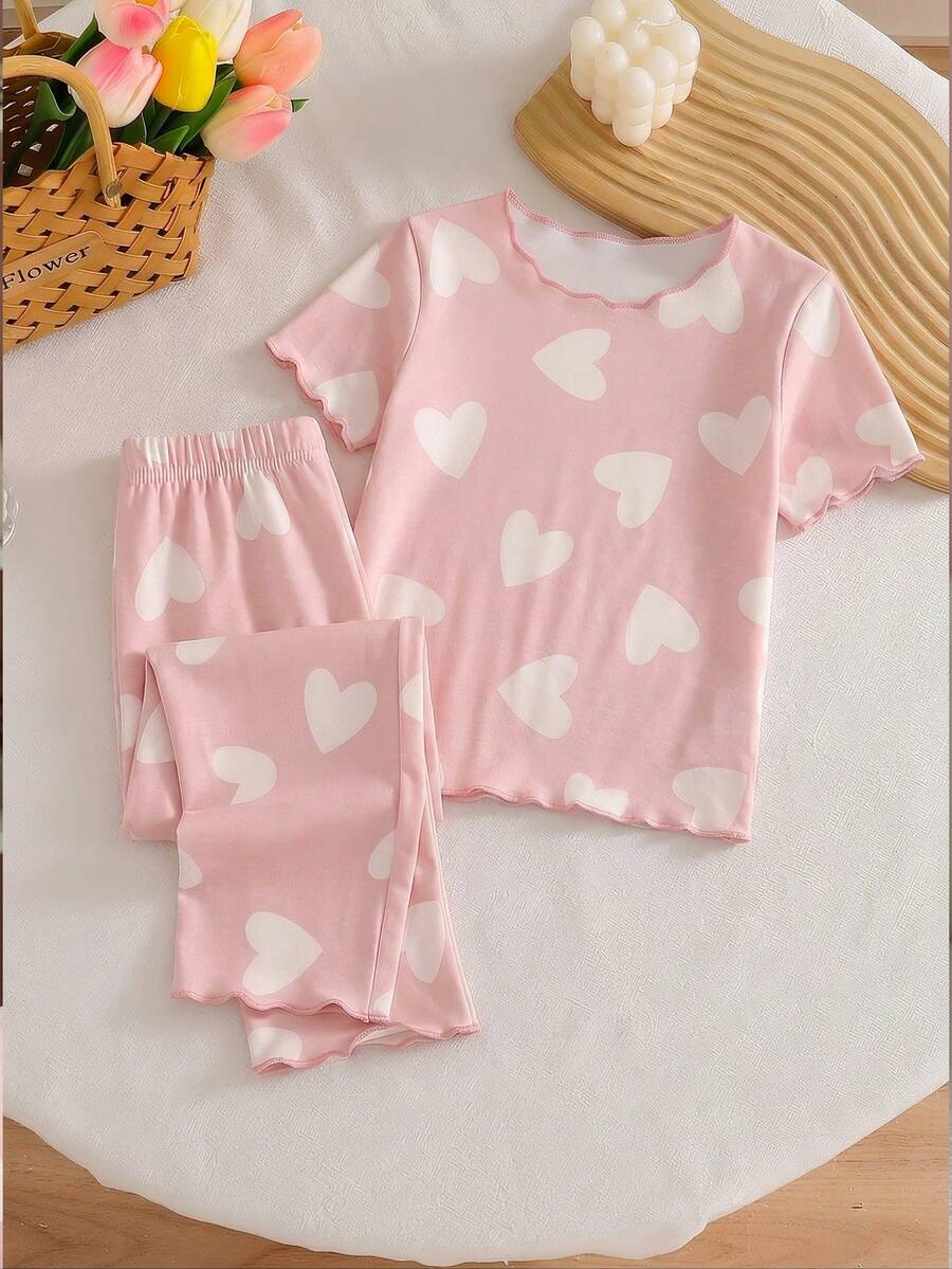 SHEIN Baby Girls Pajamas Spring Summer All Season Cute Sweet Polka Dot, Floral, Heart Pattern Combination Print Wavy Trim Design Round Neck Short Sleeve Pullover Top With Long Pants Loungewear Set 1set