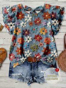 EMERY ROSE Plus Size Women's Blue Boho Summer Vacation Holiday Elegant Loose Blouse,Hand-Painted Crayon Floral Double-Layer Flutter Sleeve Bowknot Back Design - Multicolor - View 5