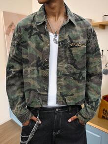 STEELVANCE 男士街頭風休閒鉤編迷彩牛仔襯衫 - 軍綠色 - 查看 1