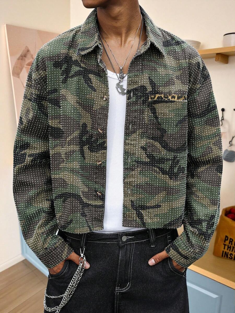 STEELVANCE 男士街頭風休閒鉤編迷彩牛仔襯衫 - 軍綠色 - 查看 1