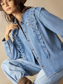 Bohemela Women's Long Sleeve Metal Star Decor Single-Breasted Denim Shirt Autumn Y2K Country 90s Western Tops Clothing Mexican Blouse Rave Concert Light Blue - Light Wash - View 5