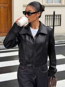 Livesso Women's Solid Color PU Leather Zipper Front Casual Regular Fit Jacket Fall - Black - View 5