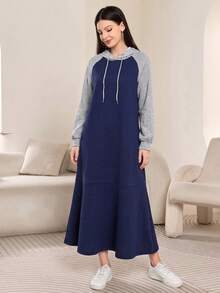 Mulvari Women's Colorblock Raglan Long Sleeve Drawstring Hooded Sweatshirt Dress - Navy Blue - View 5
