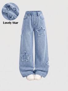 Girlism Kids Tween Girl Frayed Hem Star Loose Wide Leg Jeans - Light Wash - View 2