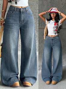 Teen Girl Y2k Dark Blue Denim Loose And Comfortable Straight-Leg Jeans For Rave Outfits Festival - Medium Wash - View 4