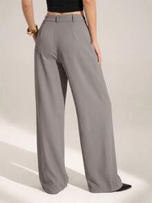 SHEIN Tall 「Old Money Style」性感商務休閒高腰百褶寬腿長褲，優雅素色寬鬆修身女款上班通勤工作褲 - 灰色 - 查看 2