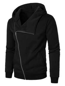 Manfinity Homme Men's Solid Color Zip-Up Casual Daily Hoodie - Black - View 1