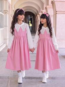 Girls' Spring/Autumn Back To School, Fall Dresses, Design Contrast Color Patchwork Ruffle Hem, Rose Red 3D Bow, Fall Clothes School Clothes - Multicolor - View 3