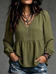 LanaWest Women's Army Green V-Neck Lace Trim Petal Sleeve Ruched Waist A-Line Casual Blouse - Army Green - View 1