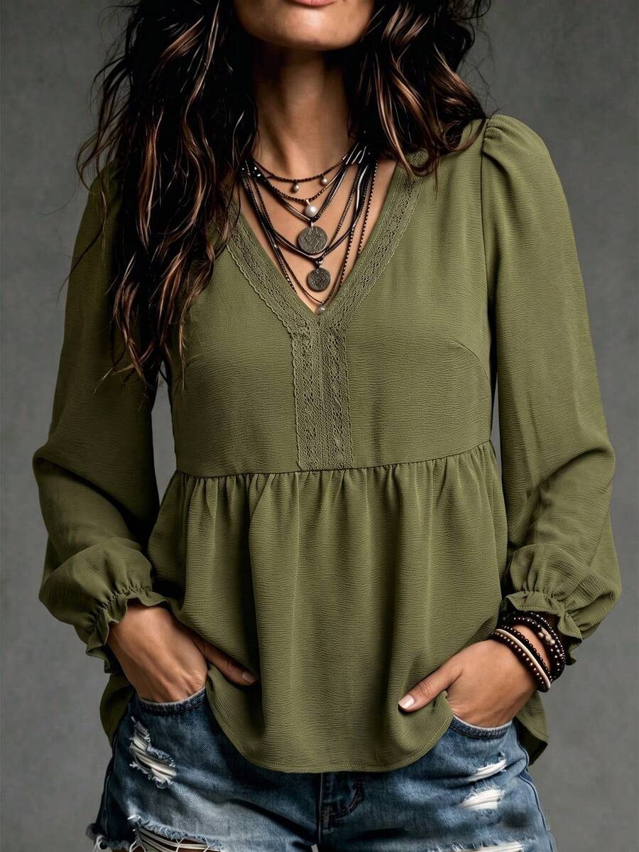 LanaWest Women's Army Green V-Neck Lace Trim Petal Sleeve Ruched Waist A-Line Casual Blouse - Army Green - View 1